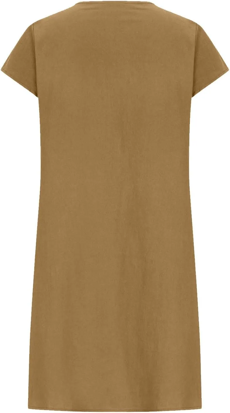 Womens Casual Summer T Shirt Dress Loose Cap Sleeve Pleated Tunic Dress Plus Size Cotton Linen Dress for Women Midi