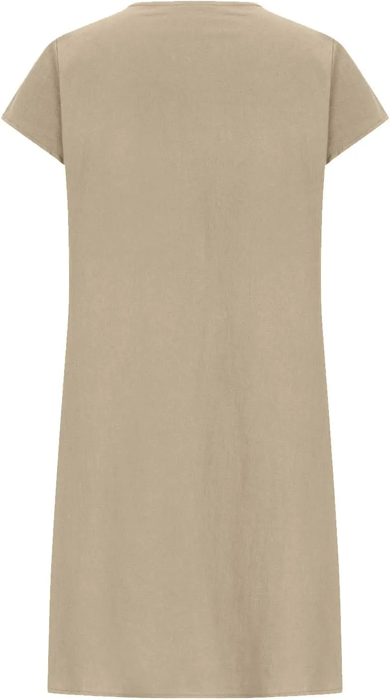 Womens Casual Summer T Shirt Dress Loose Cap Sleeve Pleated Tunic Dress Plus Size Cotton Linen Dress for Women Midi