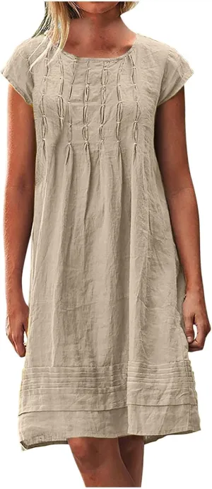 Womens Casual Summer T Shirt Dress Loose Cap Sleeve Pleated Tunic Dress Plus Size Cotton Linen Dress for Women Midi