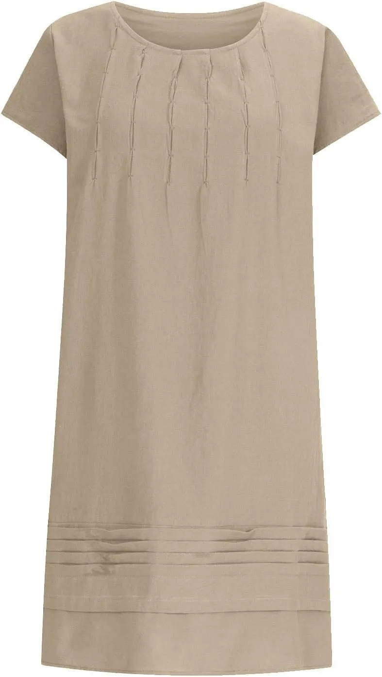 Womens Casual Summer T Shirt Dress Loose Cap Sleeve Pleated Tunic Dress Plus Size Cotton Linen Dress for Women Midi