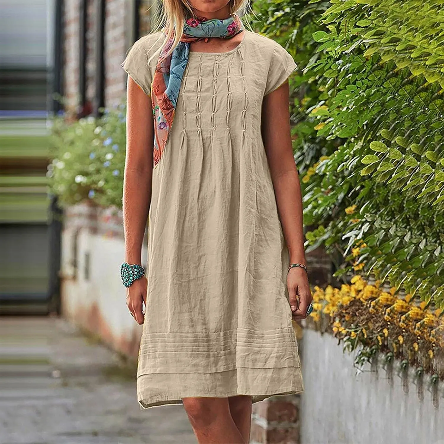 Womens Casual Summer T Shirt Dress Loose Cap Sleeve Pleated Tunic Dress Plus Size Cotton Linen Dress for Women Midi