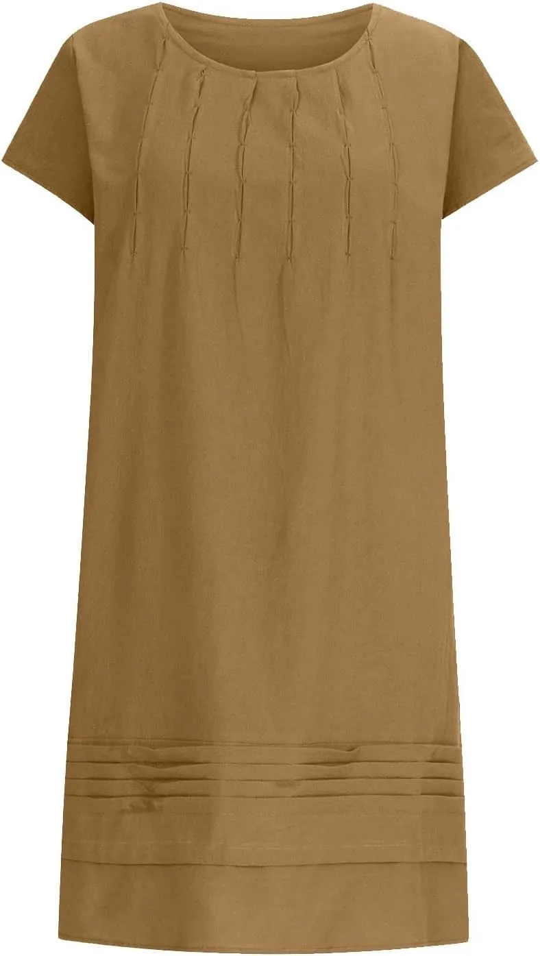 Womens Casual Summer T Shirt Dress Loose Cap Sleeve Pleated Tunic Dress Plus Size Cotton Linen Dress for Women Midi