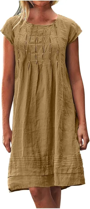 Womens Casual Summer T Shirt Dress Loose Cap Sleeve Pleated Tunic Dress Plus Size Cotton Linen Dress for Women Midi