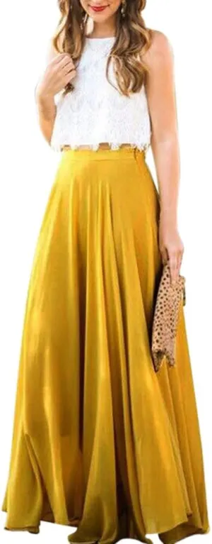 Womens Chiffon High Waist Skirt Pleated Elastic Shirring Midi Length, Women's Stretch Waist Skirt Pleated Pleated Skirt