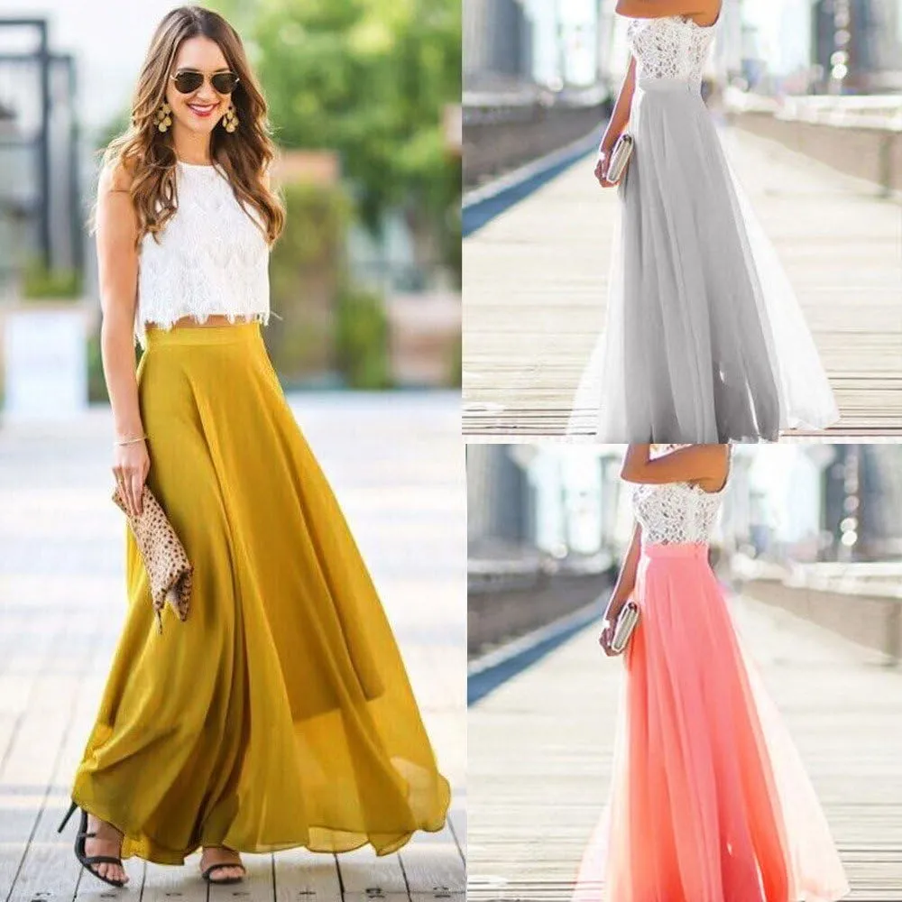 Womens Chiffon High Waist Skirt Pleated Elastic Shirring Midi Length, Women's Stretch Waist Skirt Pleated Pleated Skirt