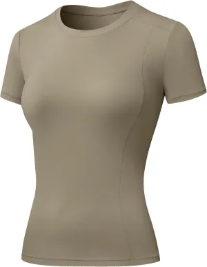 Women's Compression Shirts Short Sleeve Crewneck Athletic Nylon Workout Tops Yoga Gym Quick Dry Tee Shirts