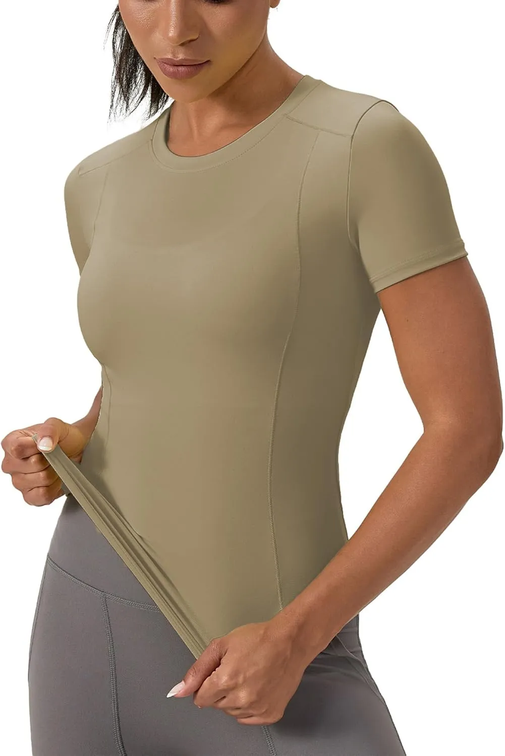 Women's Compression Shirts Short Sleeve Crewneck Athletic Nylon Workout Tops Yoga Gym Quick Dry Tee Shirts