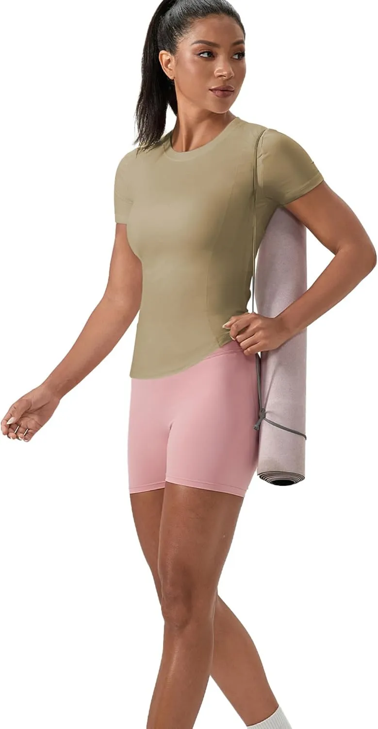Women's Compression Shirts Short Sleeve Crewneck Athletic Nylon Workout Tops Yoga Gym Quick Dry Tee Shirts