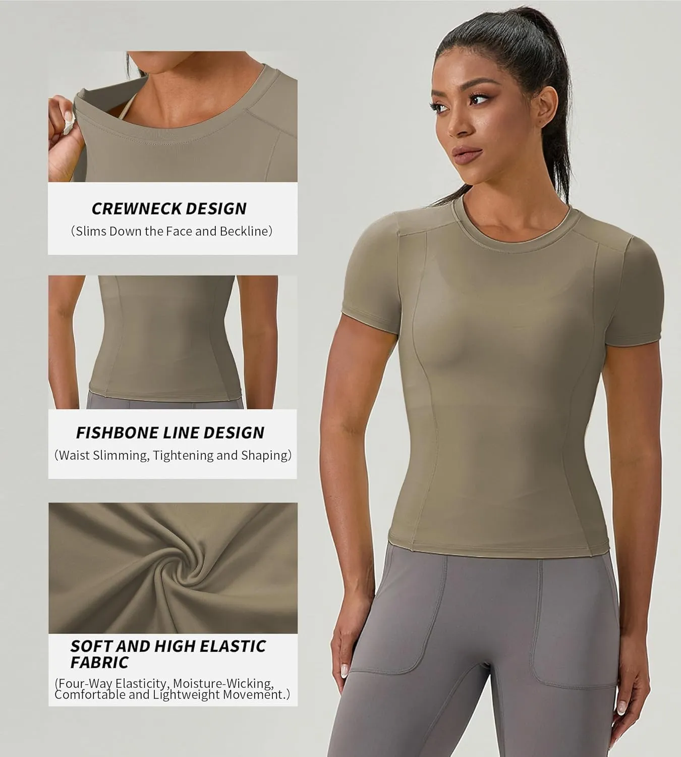 Women's Compression Shirts Short Sleeve Crewneck Athletic Nylon Workout Tops Yoga Gym Quick Dry Tee Shirts