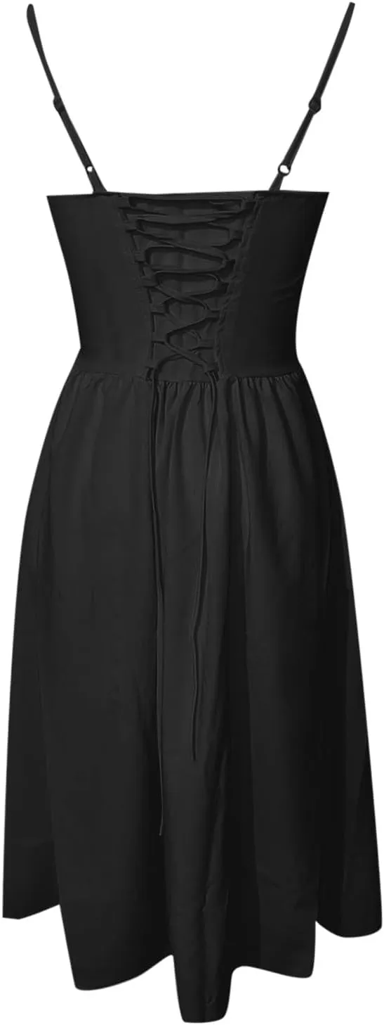Womens Corset Dress Elegant Spaghetti Strap Bustier Midi Dress Low Cut Flowy Pleated Hem Formal Dresses with Pockets