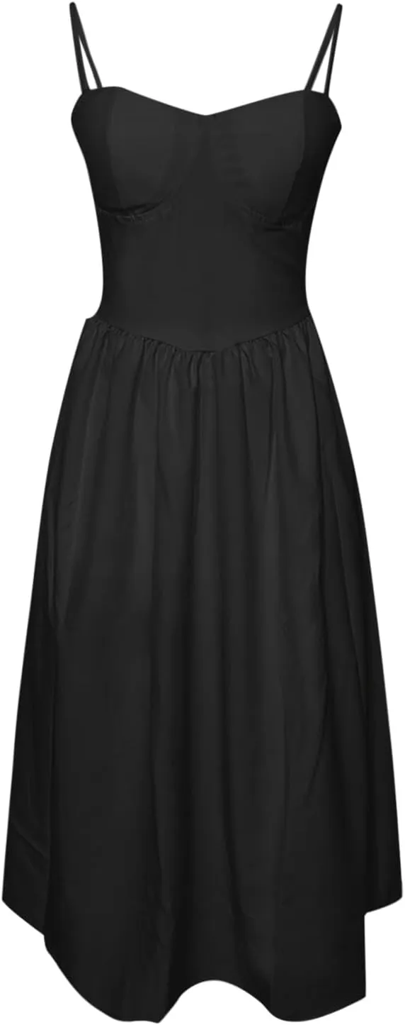 Womens Corset Dress Elegant Spaghetti Strap Bustier Midi Dress Low Cut Flowy Pleated Hem Formal Dresses with Pockets