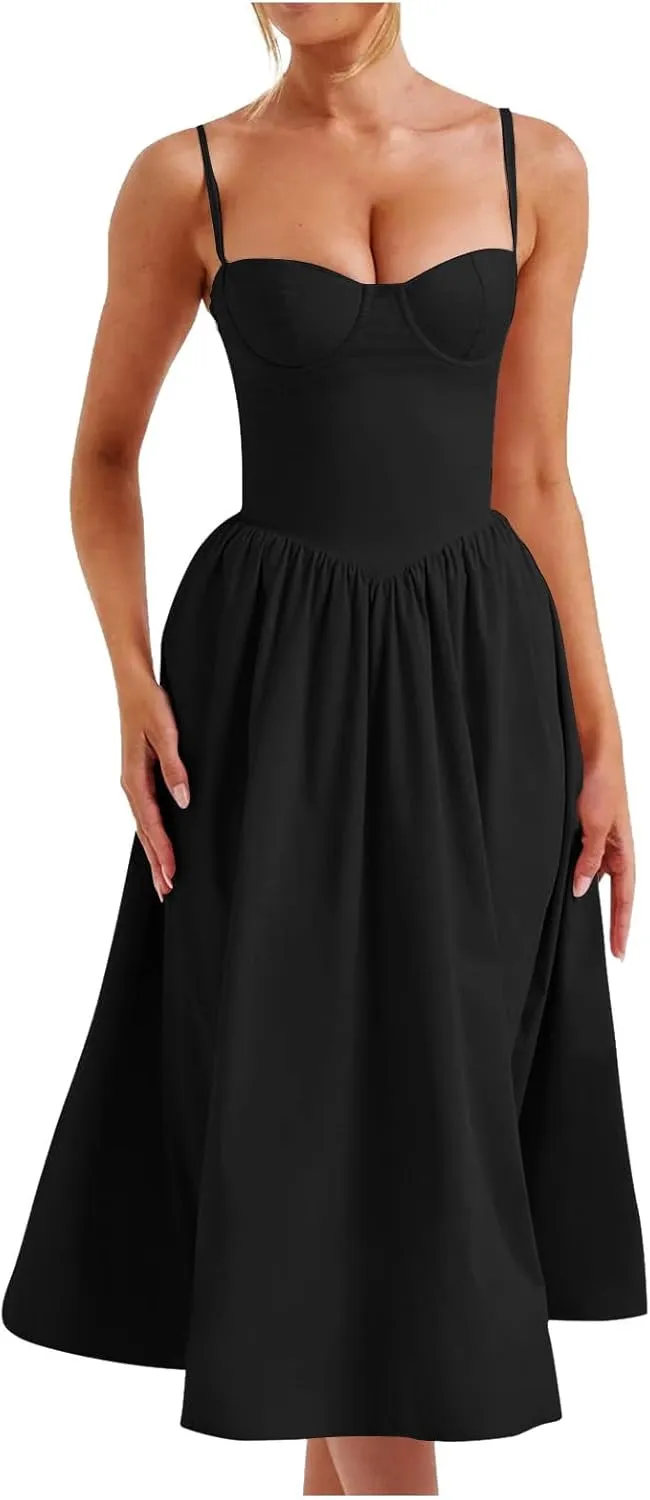 Womens Corset Dress Elegant Spaghetti Strap Bustier Midi Dress Low Cut Flowy Pleated Hem Formal Dresses with Pockets