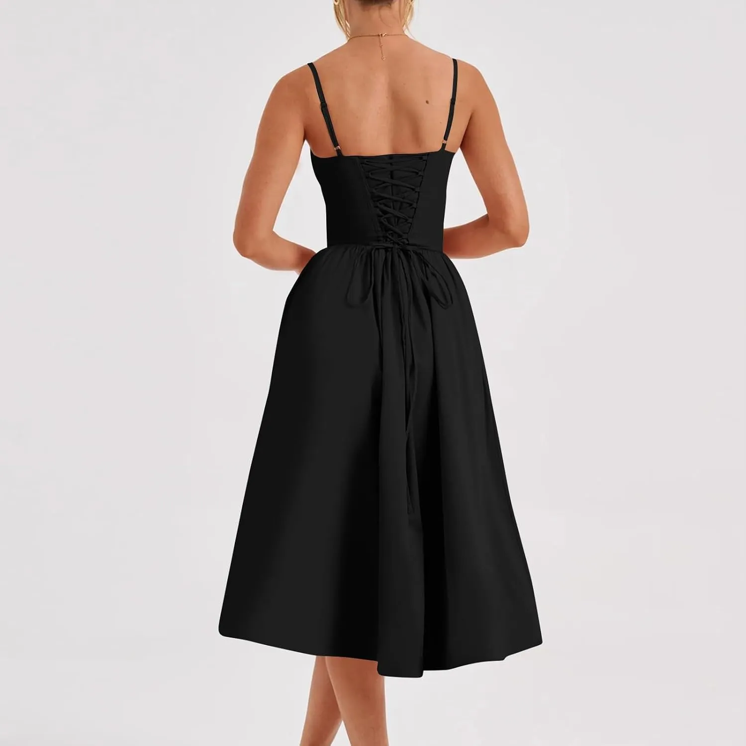 Womens Corset Dress Elegant Spaghetti Strap Bustier Midi Dress Low Cut Flowy Pleated Hem Formal Dresses with Pockets