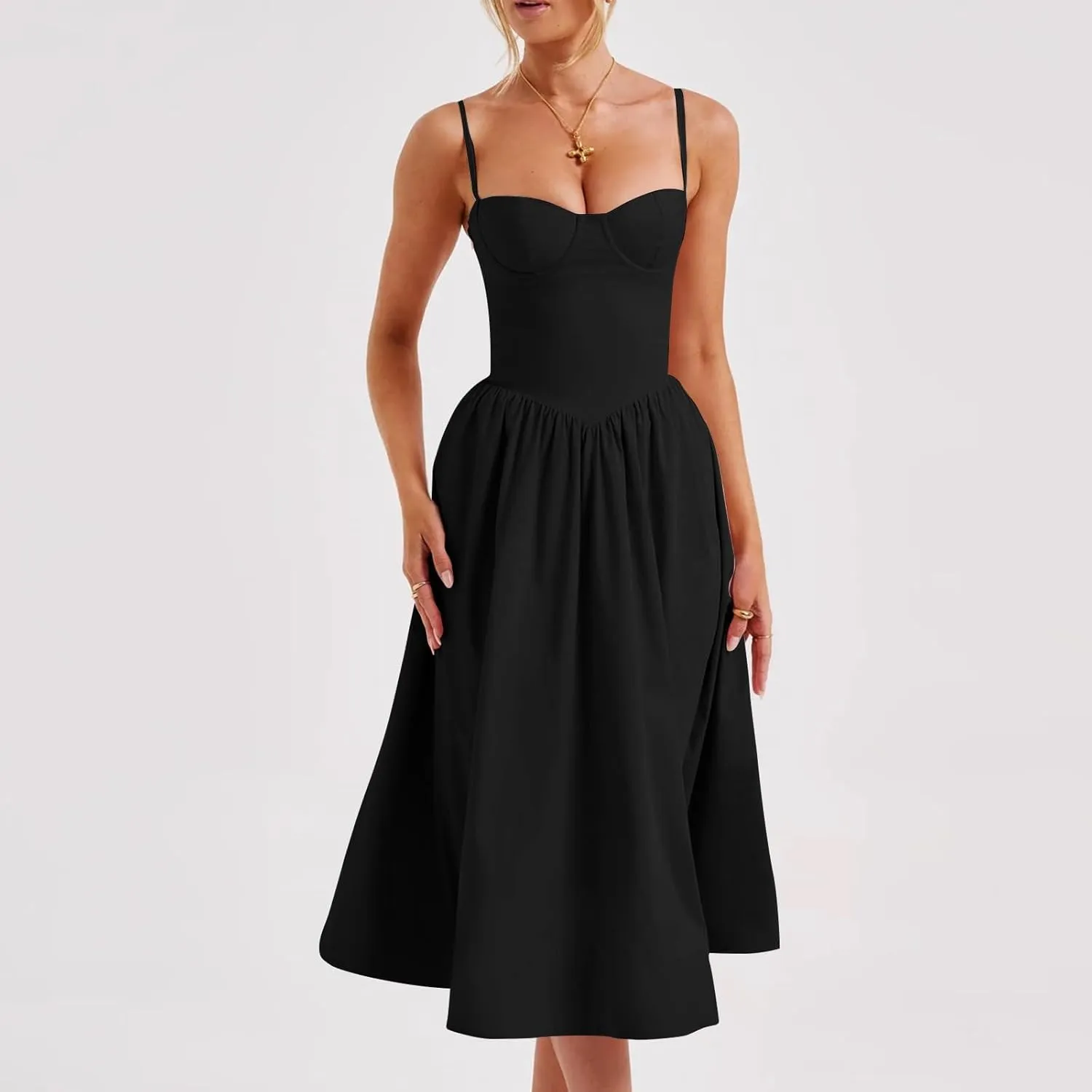 Womens Corset Dress Elegant Spaghetti Strap Bustier Midi Dress Low Cut Flowy Pleated Hem Formal Dresses with Pockets