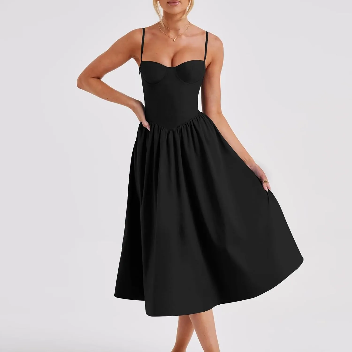 Womens Corset Dress Elegant Spaghetti Strap Bustier Midi Dress Low Cut Flowy Pleated Hem Formal Dresses with Pockets