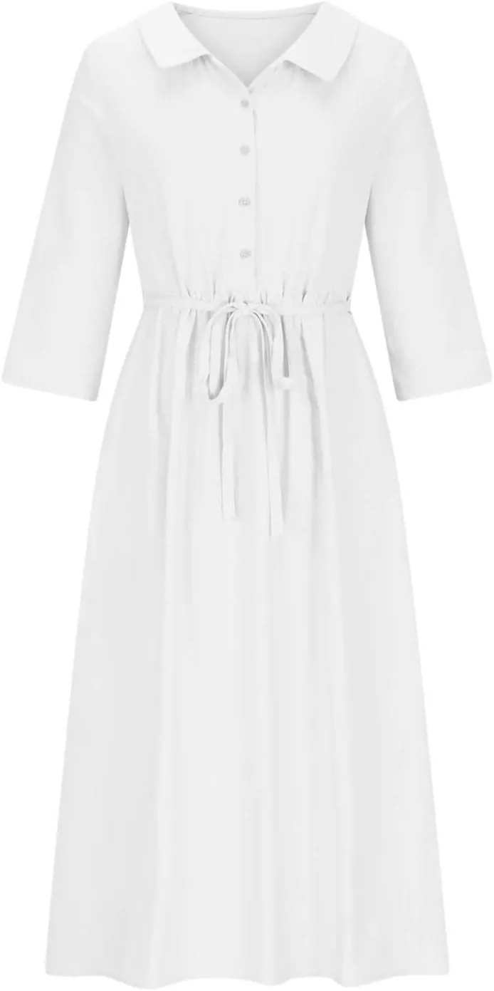 Women's Cotton Linen Button Down Shirt Dress Fashion Drawstring 3/4 Sleeve Pleated Dresses Casual Seaside Outfit 2025