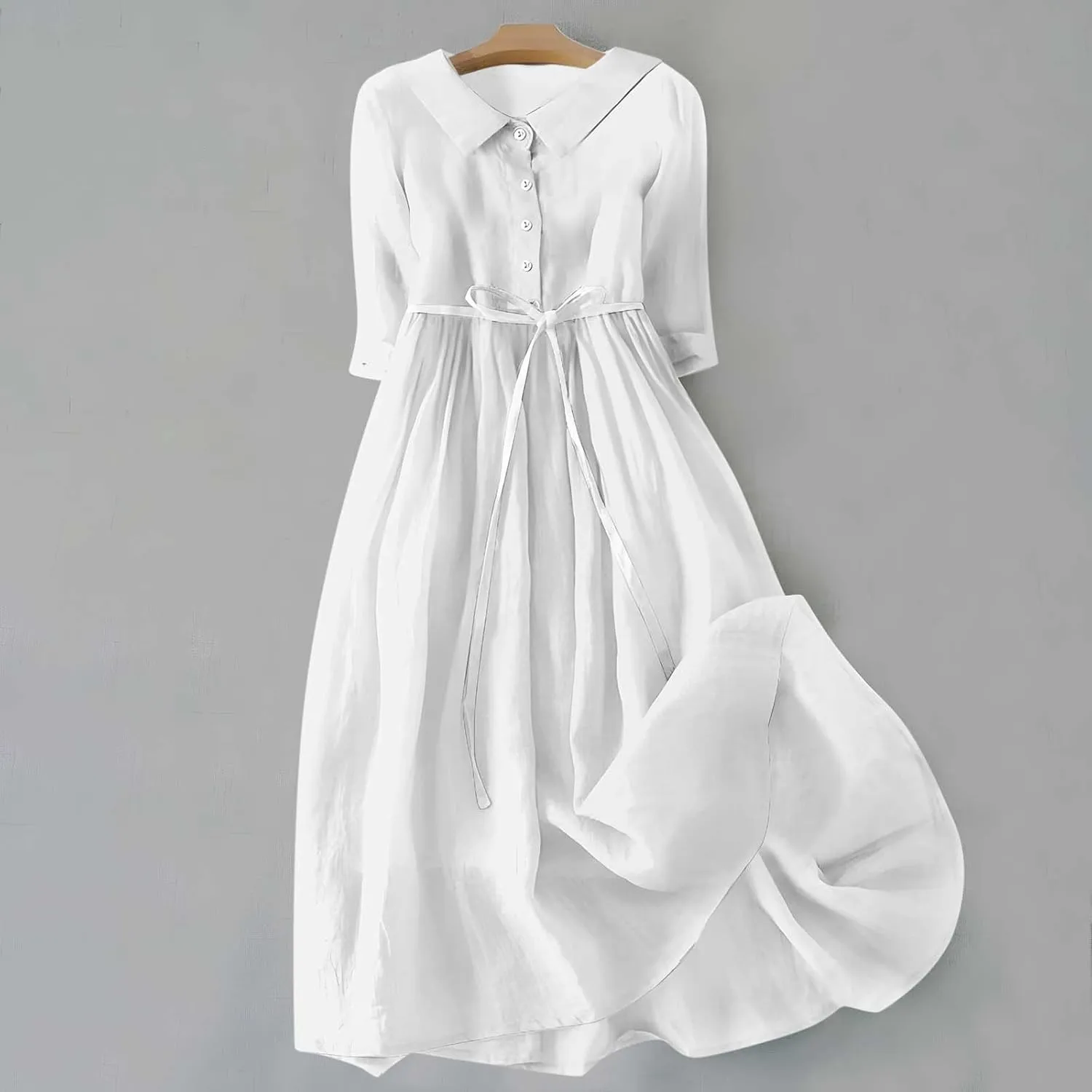 Women's Cotton Linen Button Down Shirt Dress Fashion Drawstring 3/4 Sleeve Pleated Dresses Casual Seaside Outfit 2025