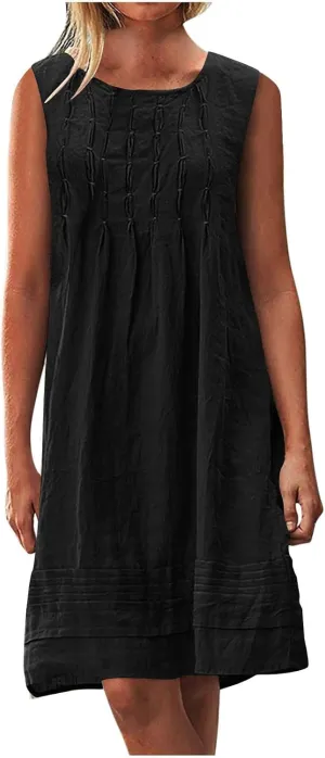 Womens Cotton Linen Casual Dresses Summer Sleeveless Crewneck Pleated Midi Dress 2025 Trendy Loose Beach Sundress