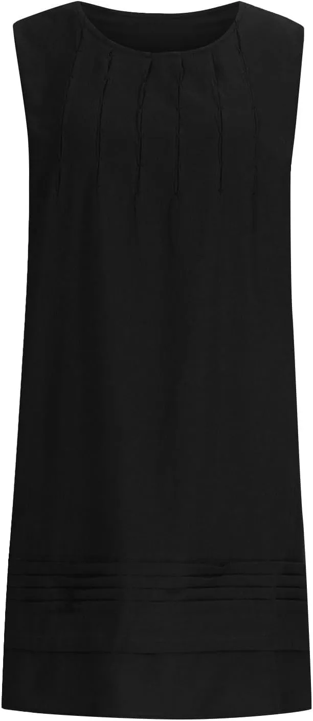 Womens Cotton Linen Casual Dresses Summer Sleeveless Crewneck Pleated Midi Dress 2025 Trendy Loose Beach Sundress