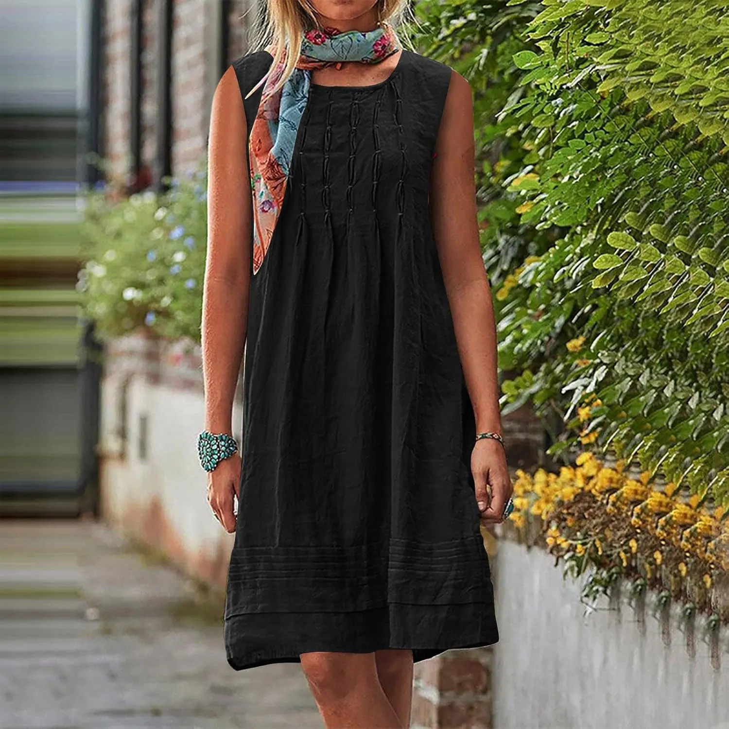 Womens Cotton Linen Casual Dresses Summer Sleeveless Crewneck Pleated Midi Dress 2025 Trendy Loose Beach Sundress