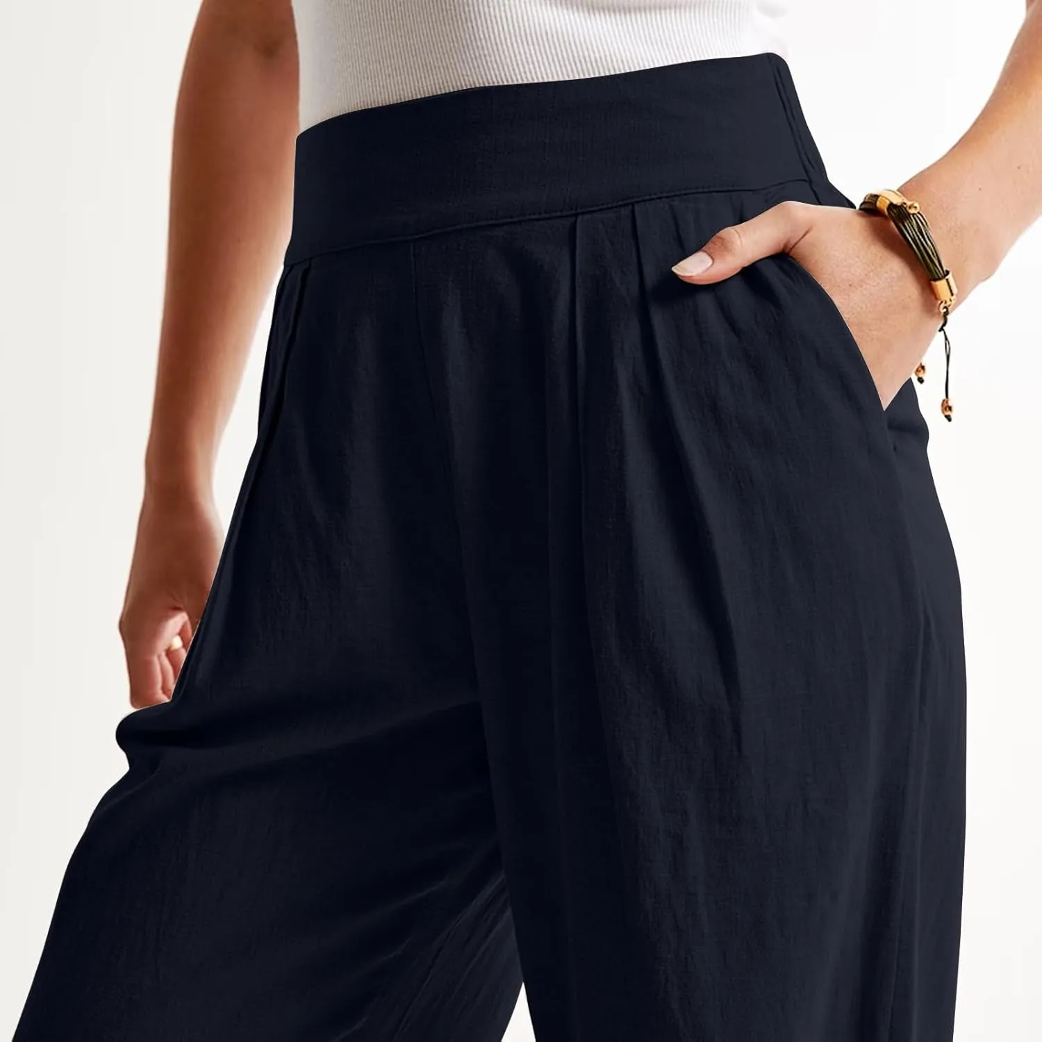 Womens Cotton Linen High Waisted Wide Leg Loose Pants