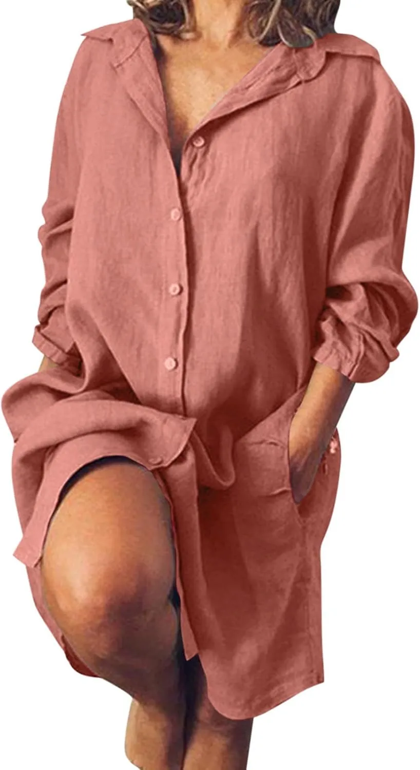 Womens Cotton Linen Midi Dress Summer Solid Color Long Sleeve V-Neck T-Shirt Dresses Plus Size Flowy Beach Dress