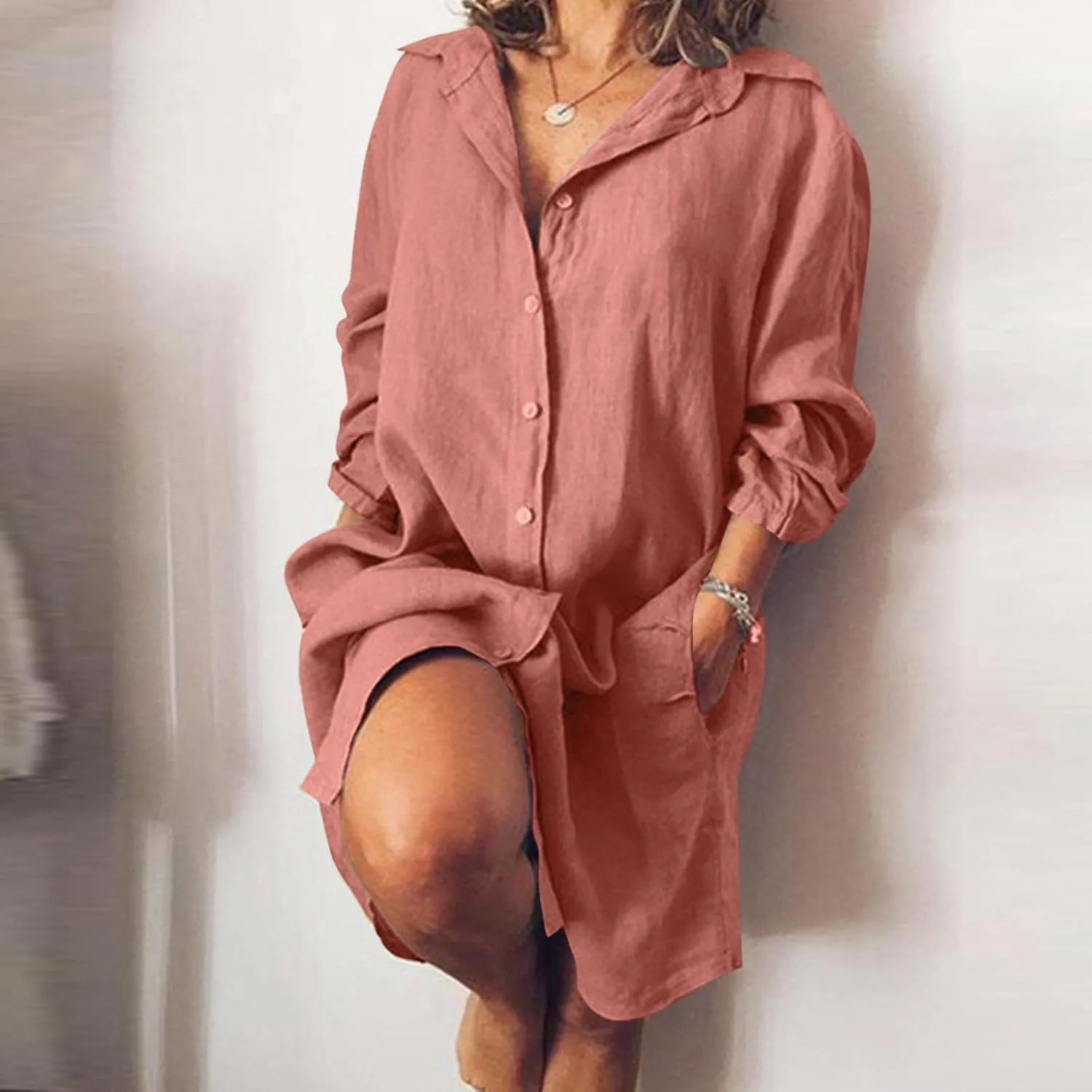 Womens Cotton Linen Midi Dress Summer Solid Color Long Sleeve V-Neck T-Shirt Dresses Plus Size Flowy Beach Dress