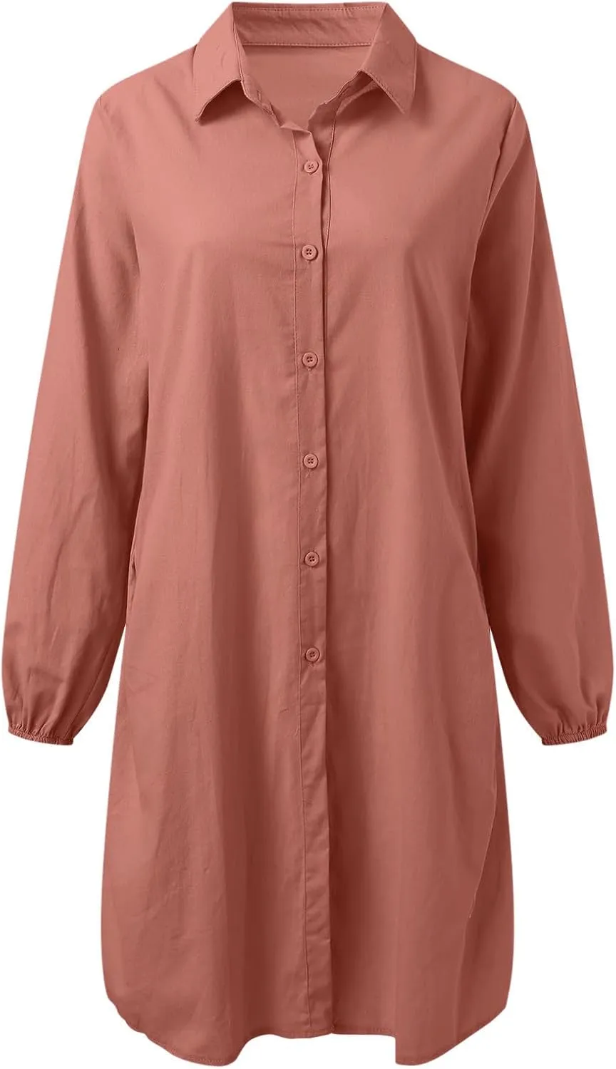 Womens Cotton Linen Midi Dress Summer Solid Color Long Sleeve V-Neck T-Shirt Dresses Plus Size Flowy Beach Dress