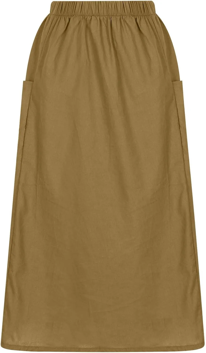 Women's Cotton Linen Skirts Casual Loose Fit Solid Color Elastic High Waisted Flare A-Line Midi Skirts with Pockets
