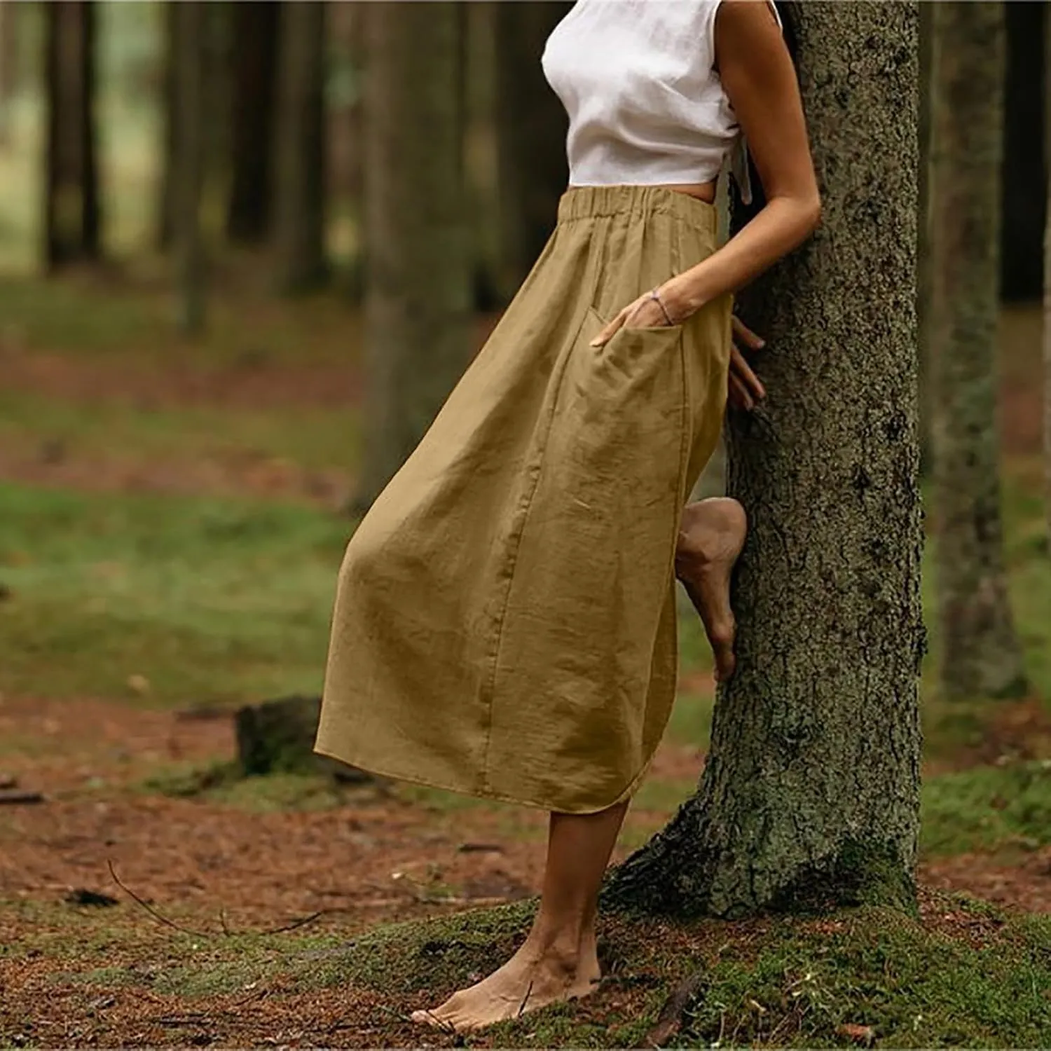 Women's Cotton Linen Skirts Casual Loose Fit Solid Color Elastic High Waisted Flare A-Line Midi Skirts with Pockets