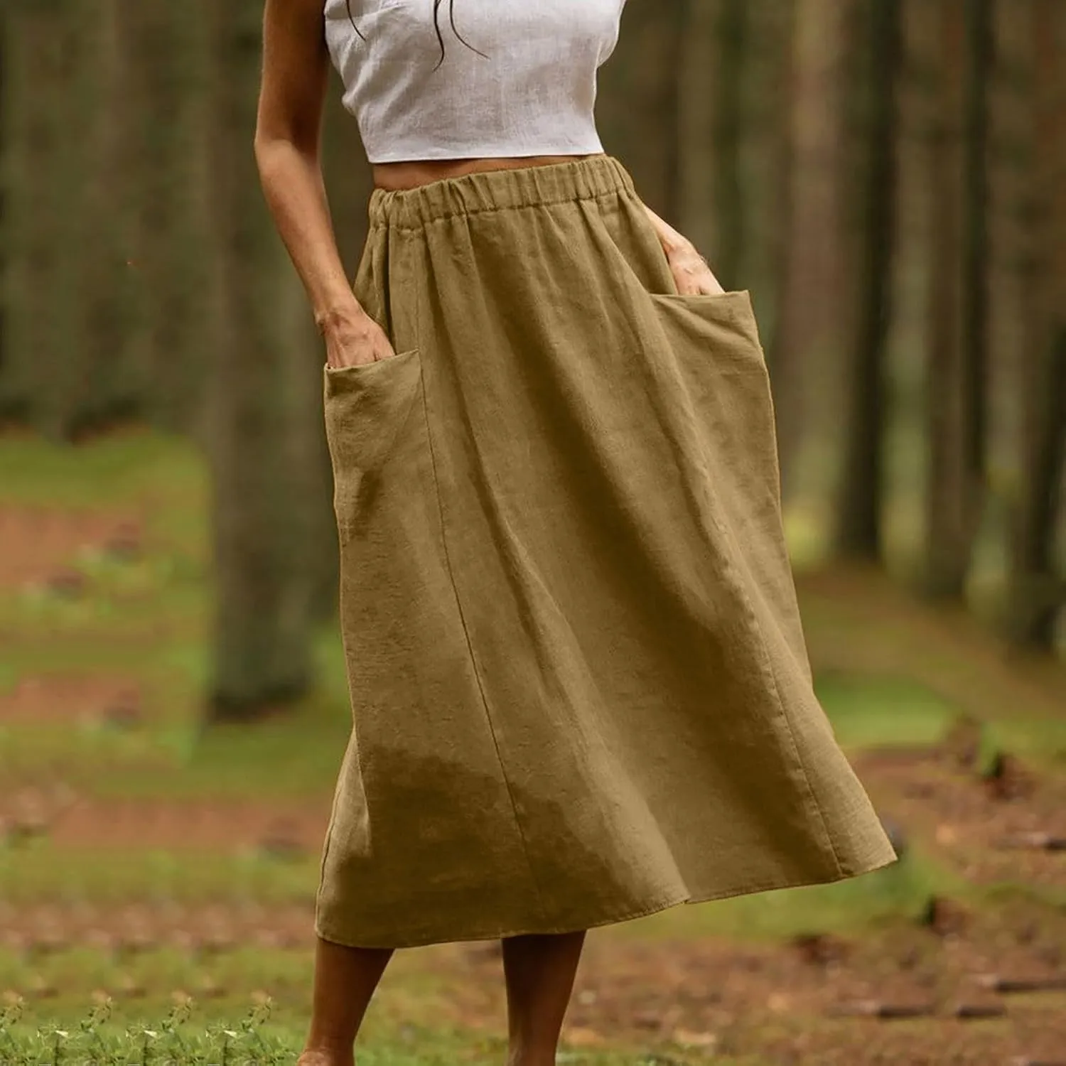 Women's Cotton Linen Skirts Casual Loose Fit Solid Color Elastic High Waisted Flare A-Line Midi Skirts with Pockets