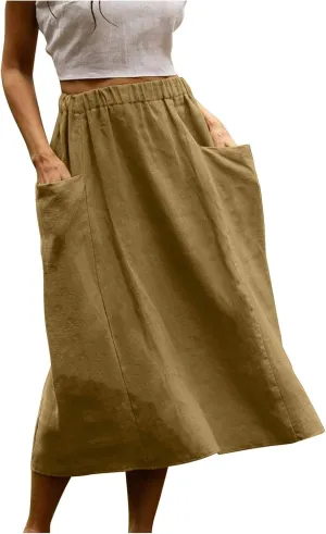 Women's Cotton Linen Skirts Casual Loose Fit Solid Color Elastic High Waisted Flare A-Line Midi Skirts with Pockets