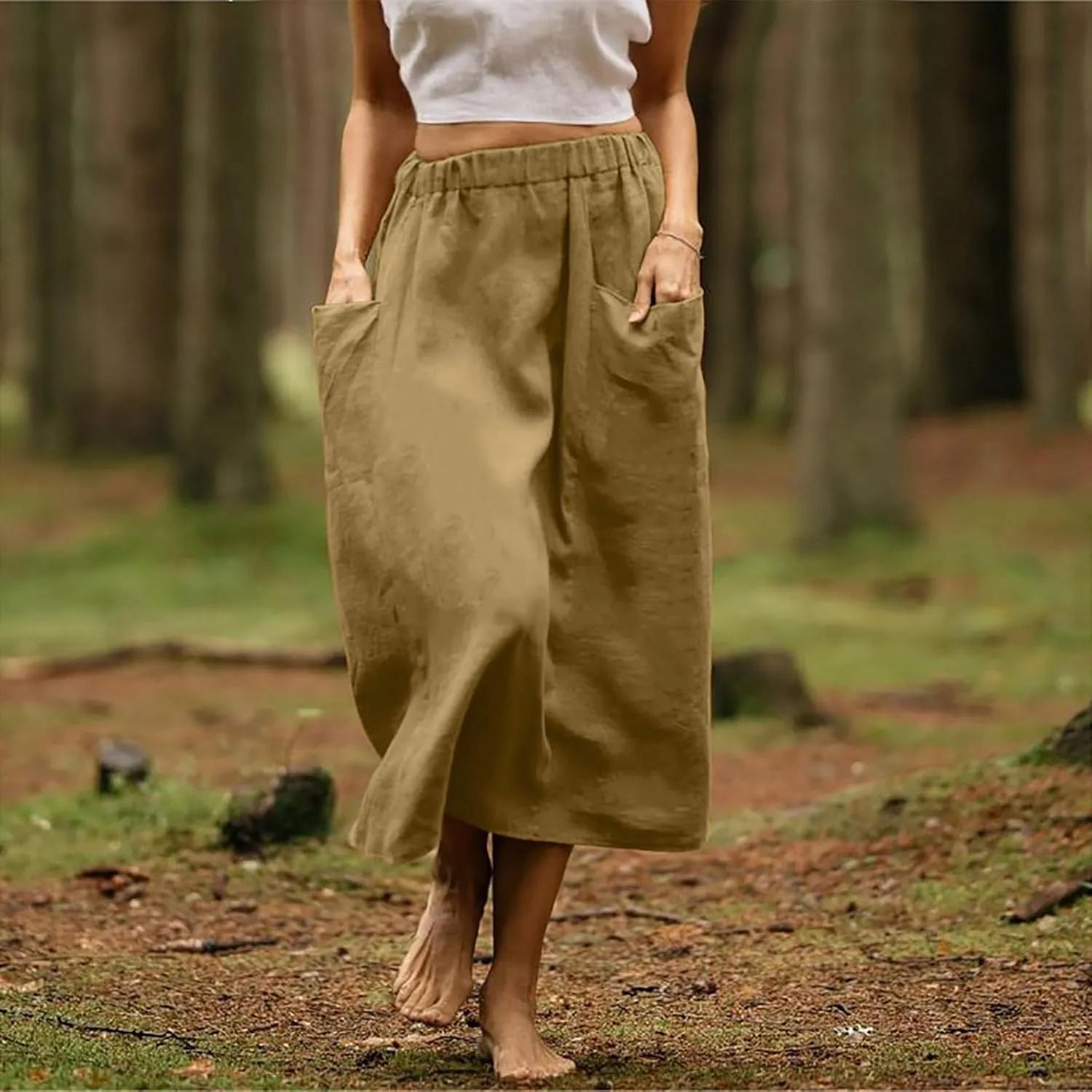 Women's Cotton Linen Skirts Casual Loose Fit Solid Color Elastic High Waisted Flare A-Line Midi Skirts with Pockets