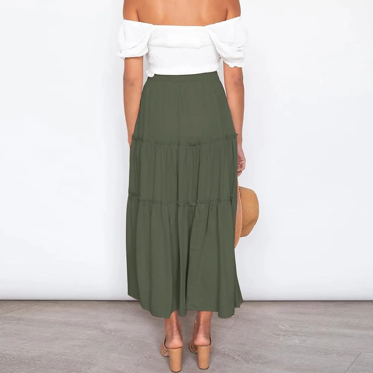 Womens Elastic High Waist Boho Maxi Skirt Ruffle A Line Swing Long Skirts Long Skirts for Women