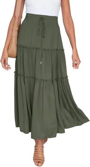 Womens Elastic High Waist Boho Maxi Skirt Ruffle A Line Swing Long Skirts Long Skirts for Women