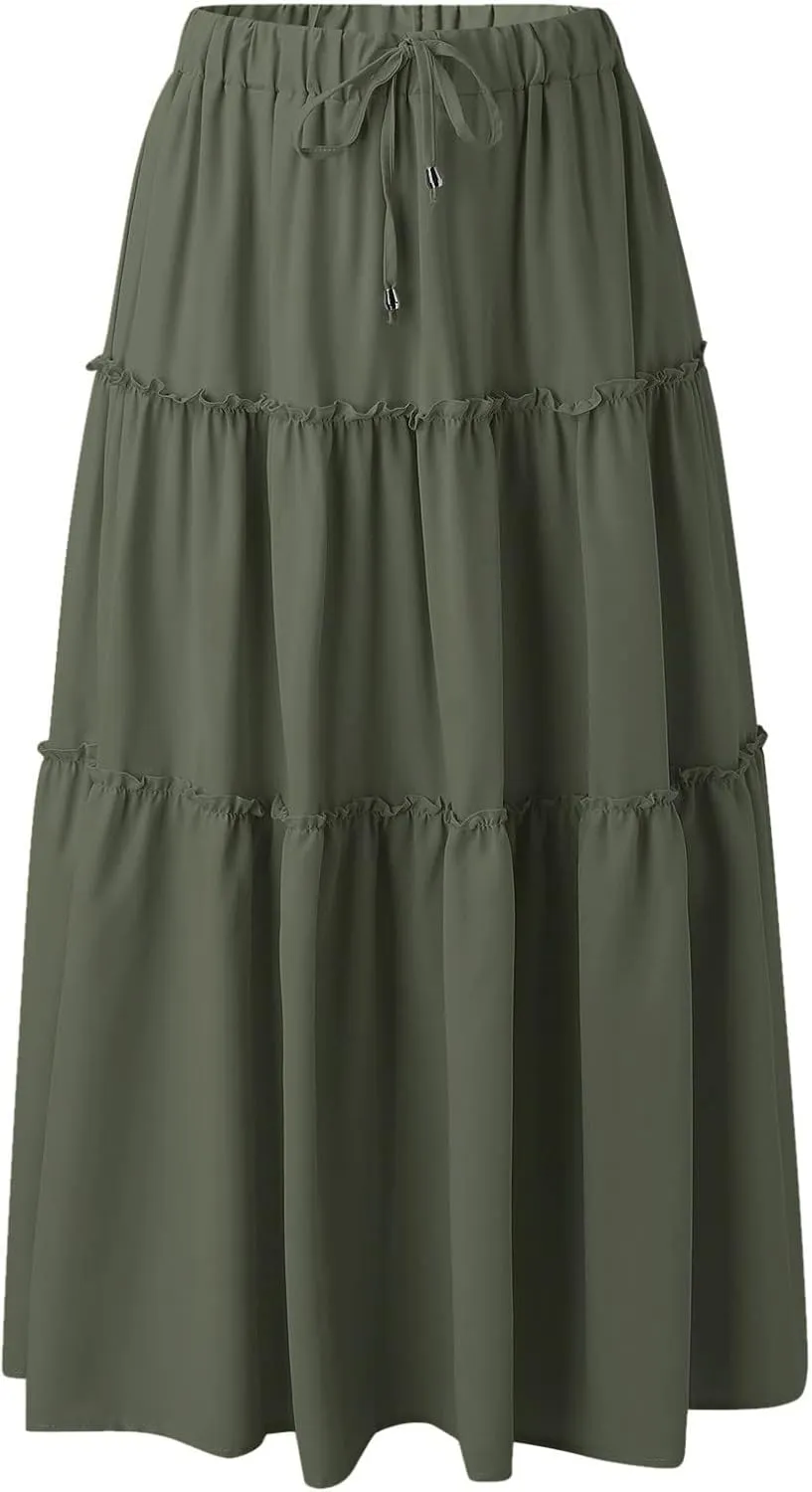 Womens Elastic High Waist Boho Maxi Skirt Ruffle A Line Swing Long Skirts Long Skirts for Women