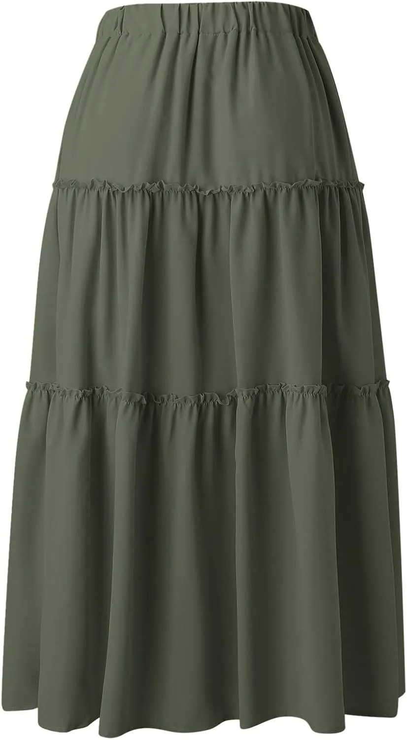 Womens Elastic High Waist Boho Maxi Skirt Ruffle A Line Swing Long Skirts Long Skirts for Women