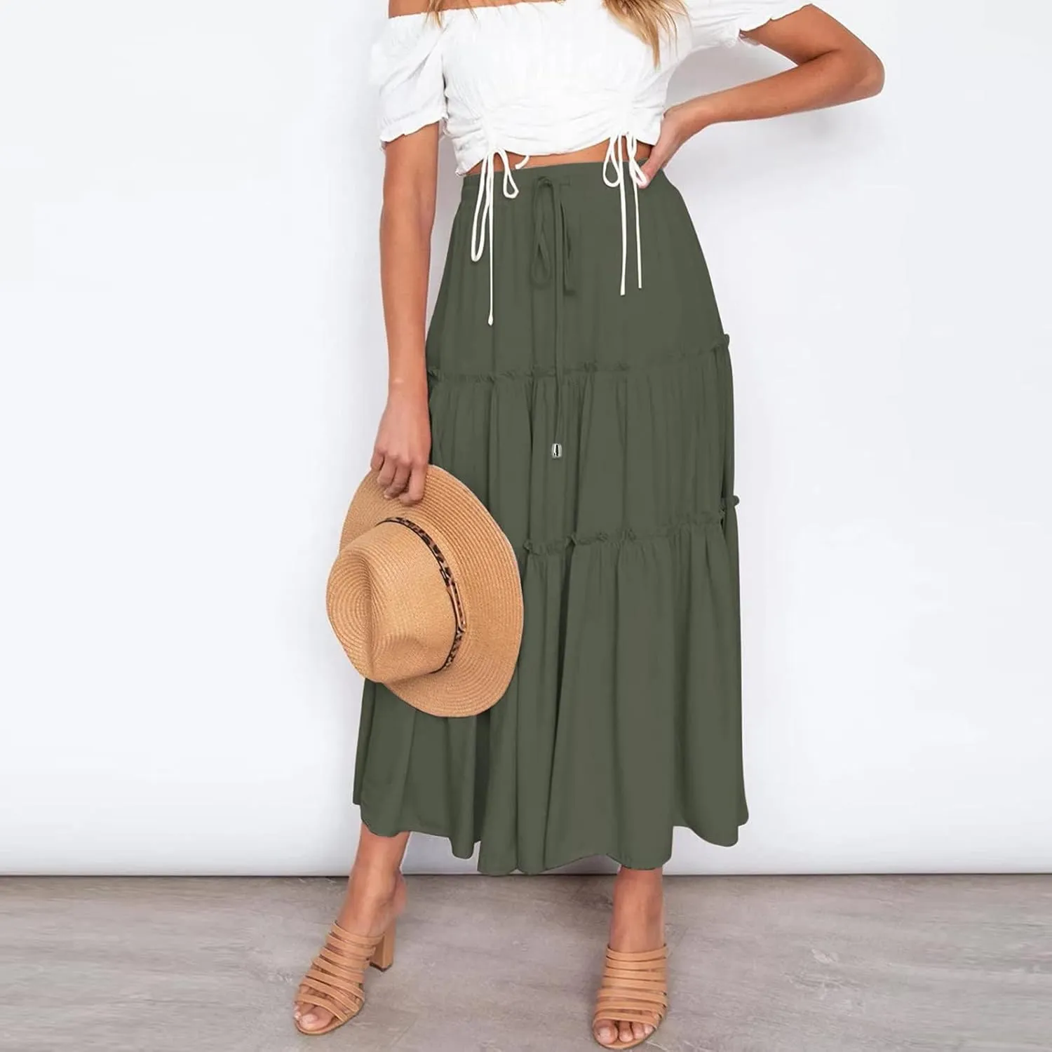 Womens Elastic High Waist Boho Maxi Skirt Ruffle A Line Swing Long Skirts Long Skirts for Women
