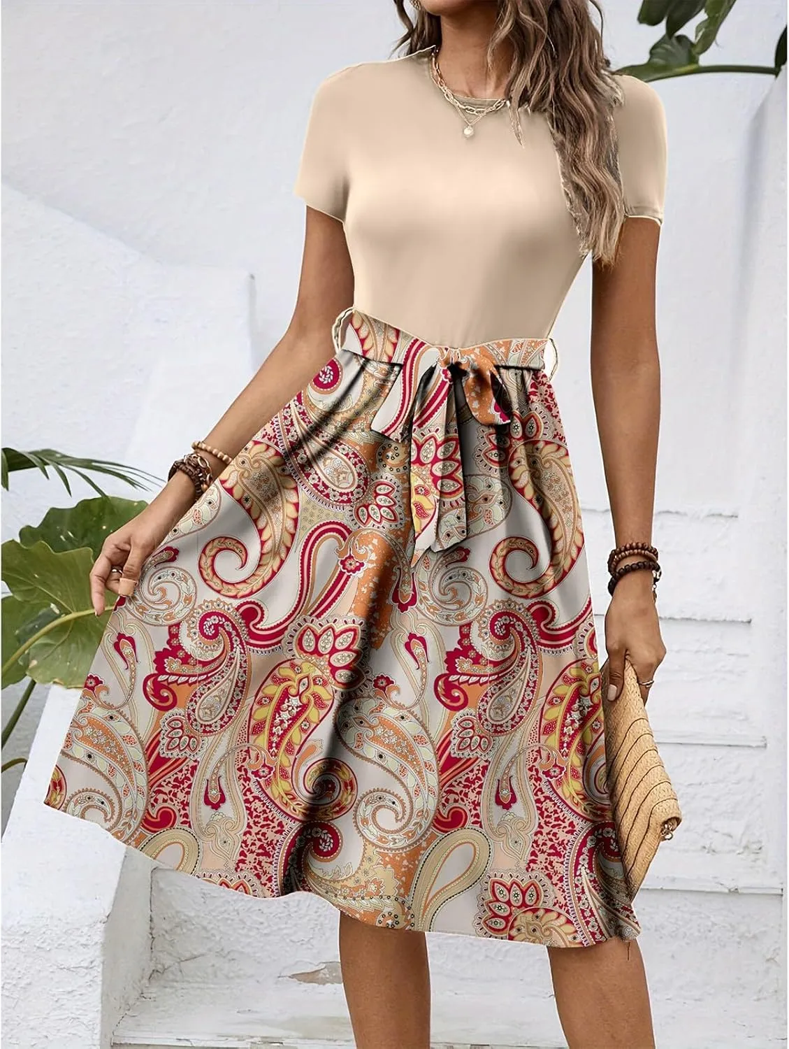 Women's Empire Waist Floral Dresses Short Sleeve Modest Midi Length Dress Summer Color Blocked Belt Dress