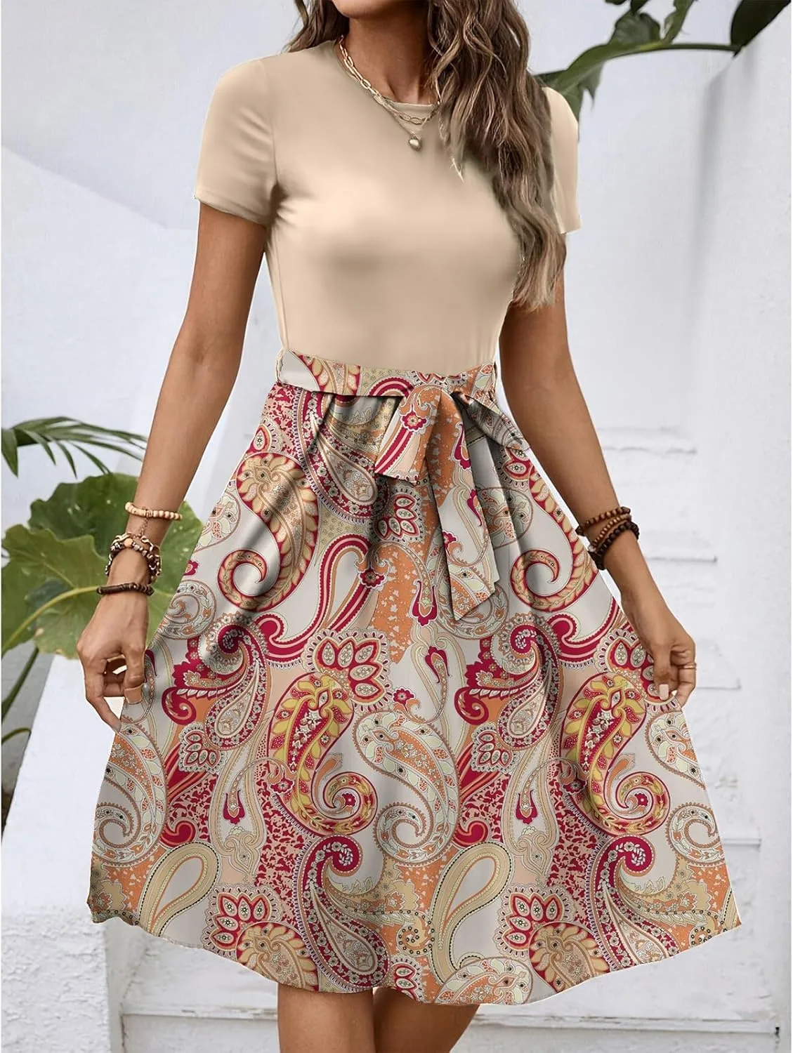 Women's Empire Waist Floral Dresses Short Sleeve Modest Midi Length Dress Summer Color Blocked Belt Dress