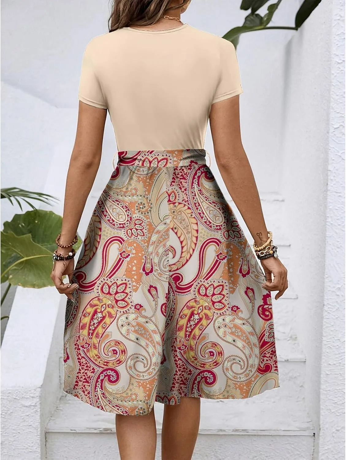 Women's Empire Waist Floral Dresses Short Sleeve Modest Midi Length Dress Summer Color Blocked Belt Dress
