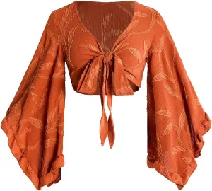 Women's Floral 70s Top Hippie Shirt Bow Tie Front Disco Deep V Ruffle Blouse