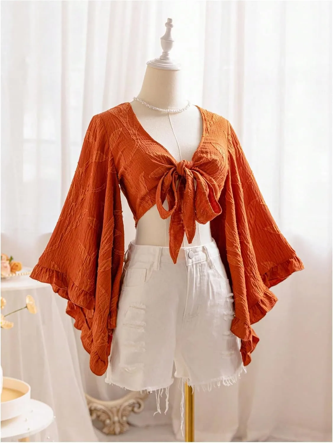 Women's Floral 70s Top Hippie Shirt Bow Tie Front Disco Deep V Ruffle Blouse