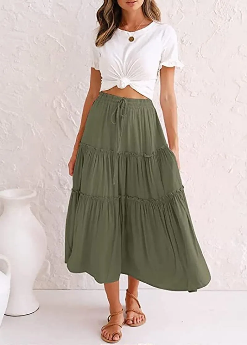 Women's Flowy Maxi Skirt A-Line Pleated Drawstring Skirt Elastic Waist Boho Summer Long Beach Dress