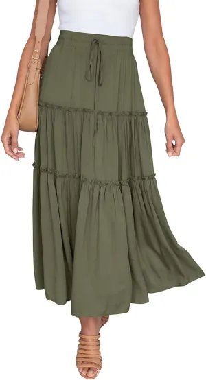 Women's Flowy Maxi Skirt A-Line Pleated Drawstring Skirt Elastic Waist Boho Summer Long Beach Dress