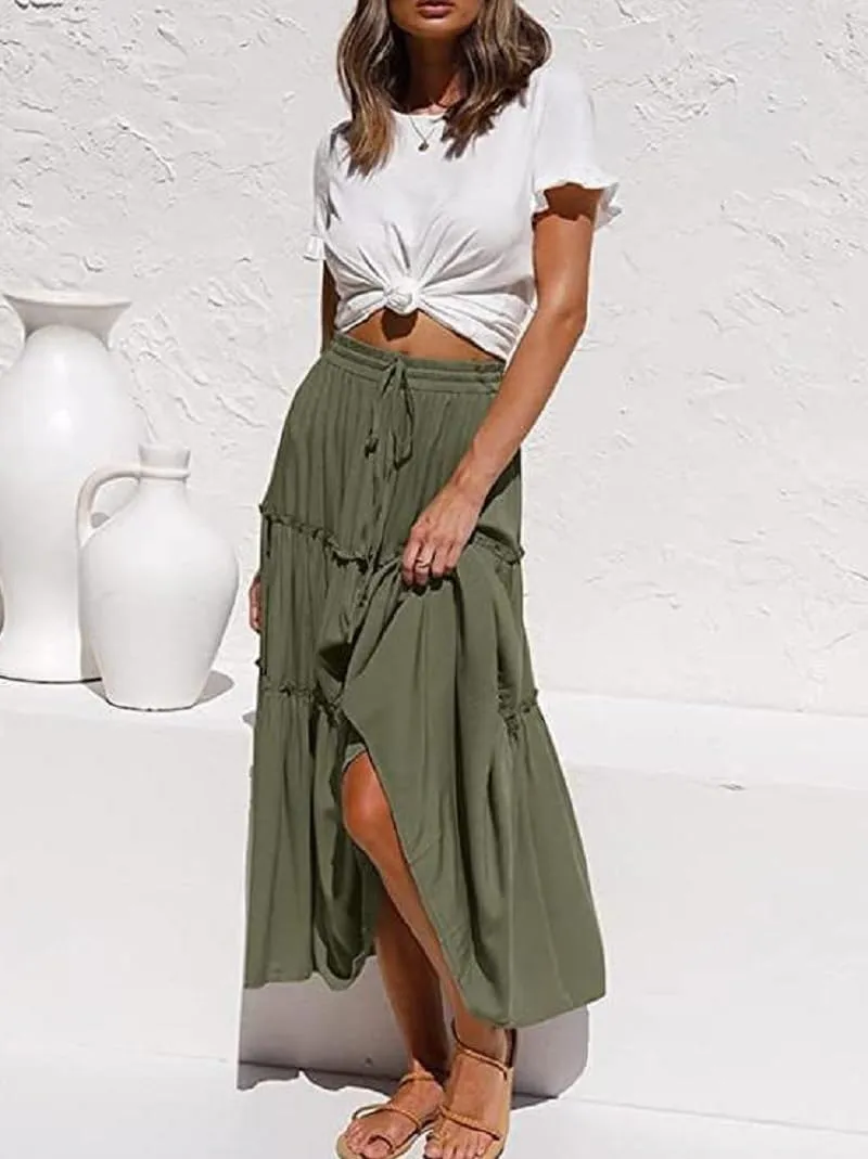 Women's Flowy Maxi Skirt A-Line Pleated Drawstring Skirt Elastic Waist Boho Summer Long Beach Dress