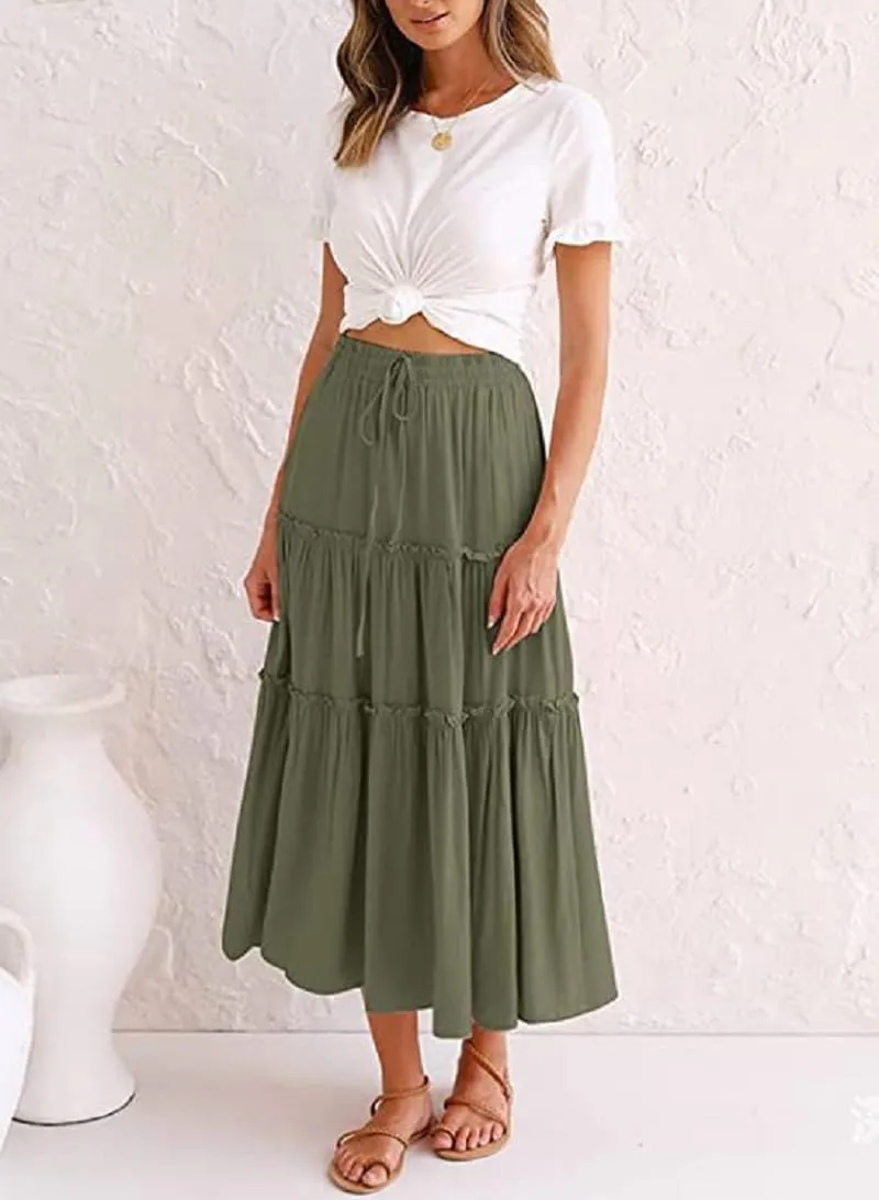 Women's Flowy Maxi Skirt A-Line Pleated Drawstring Skirt Elastic Waist Boho Summer Long Beach Dress