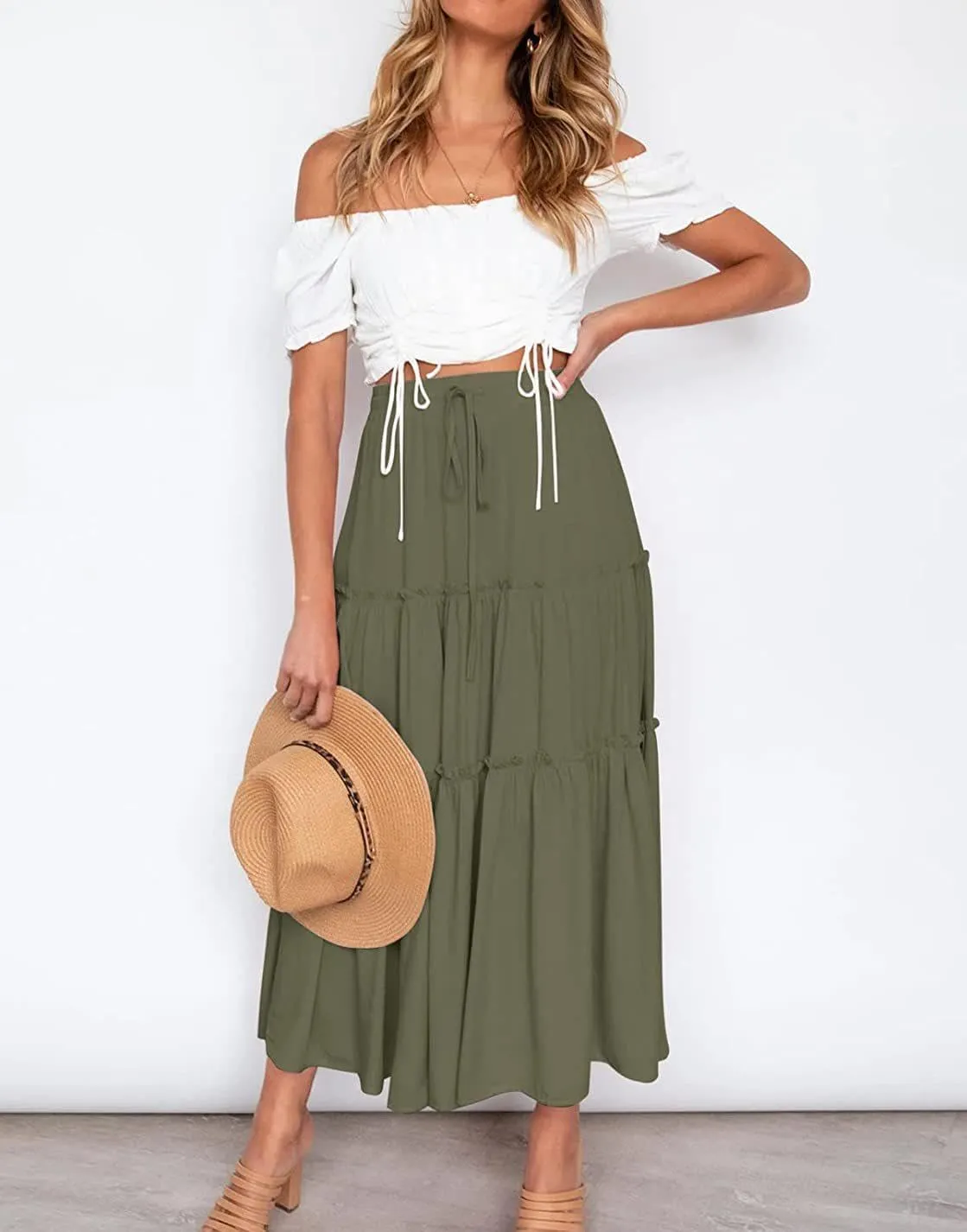 Women's Flowy Maxi Skirt A-Line Pleated Drawstring Skirt Elastic Waist Boho Summer Long Beach Dress