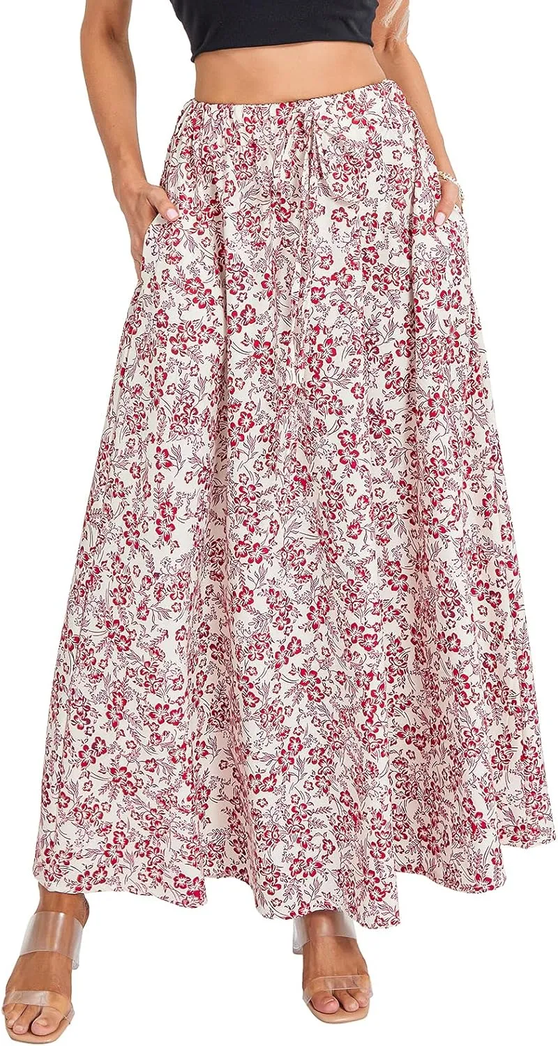 Womens Flowy Maxi Skirt Vintage Floral Print High Waist Elastic A Line Boho Beach Holiday Long Skirts