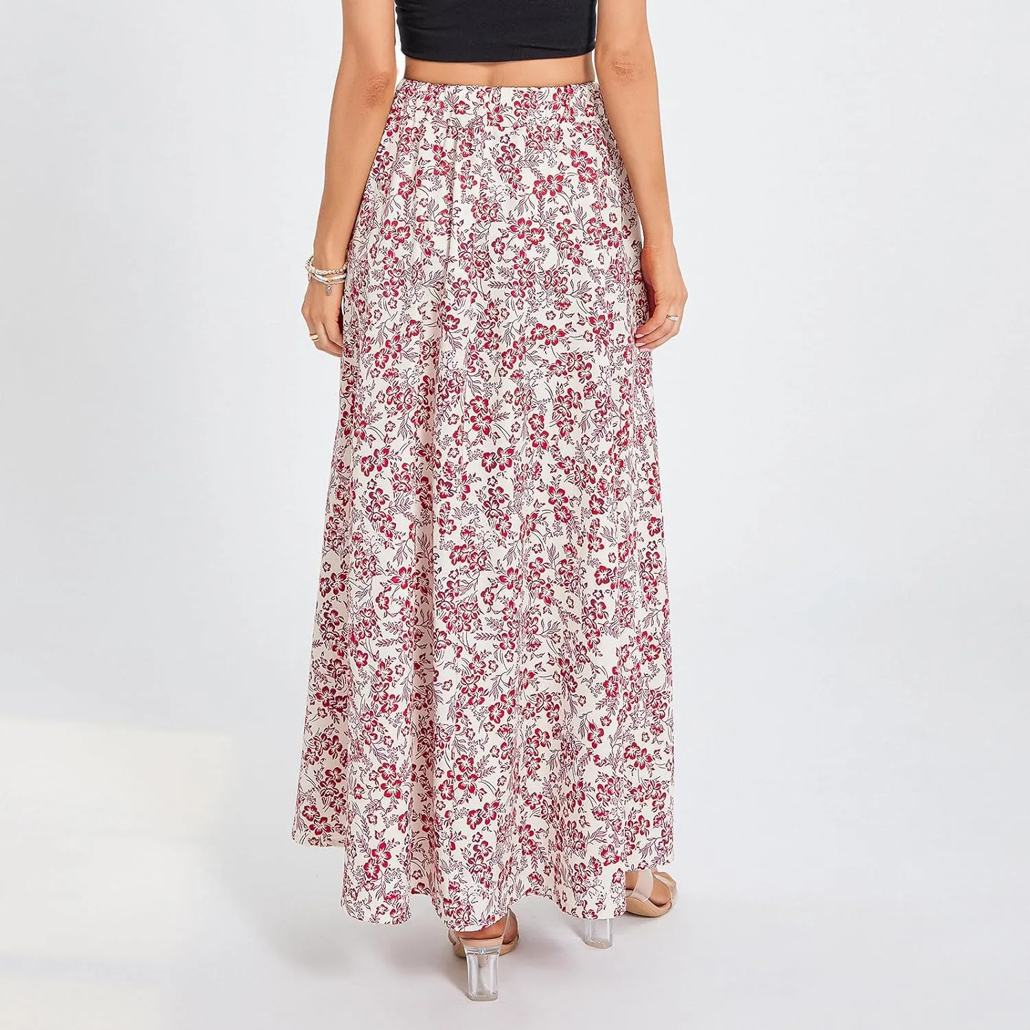Womens Flowy Maxi Skirt Vintage Floral Print High Waist Elastic A Line Boho Beach Holiday Long Skirts